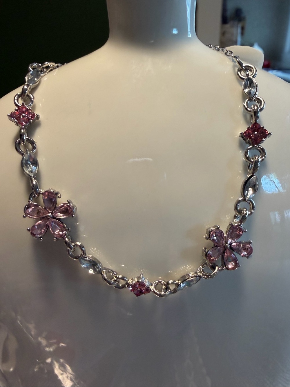 Source Unknown Pink Floral Crystal Bracelet with Silver Chain
